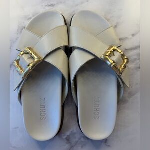 Schutz Women's Cream Slide Sandals with Gold Buckle